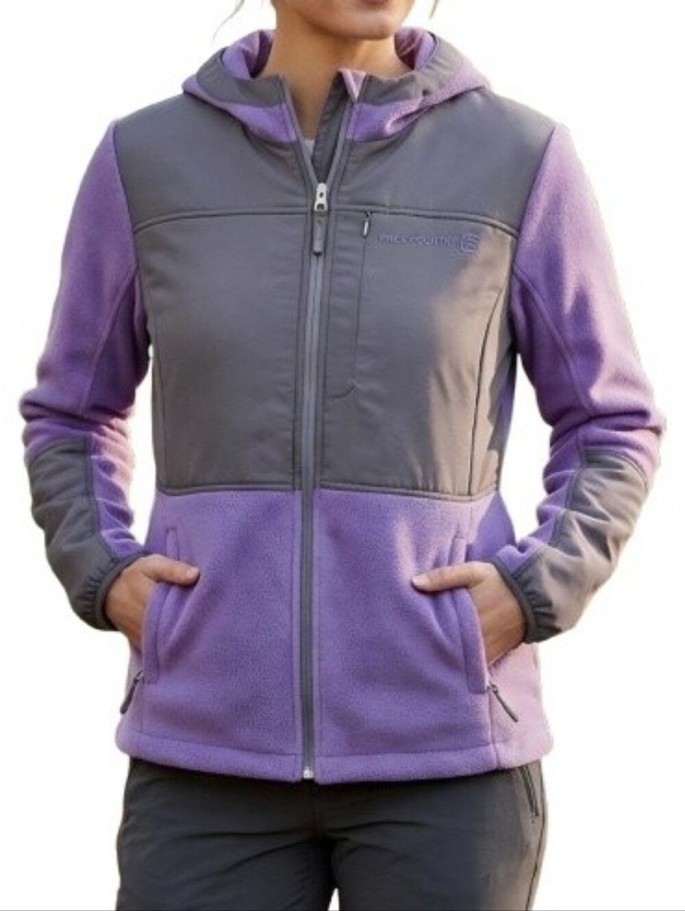Free Country Mixed Media Full Zip Jacket Fleece Purple Black Cinch Hem Hooded